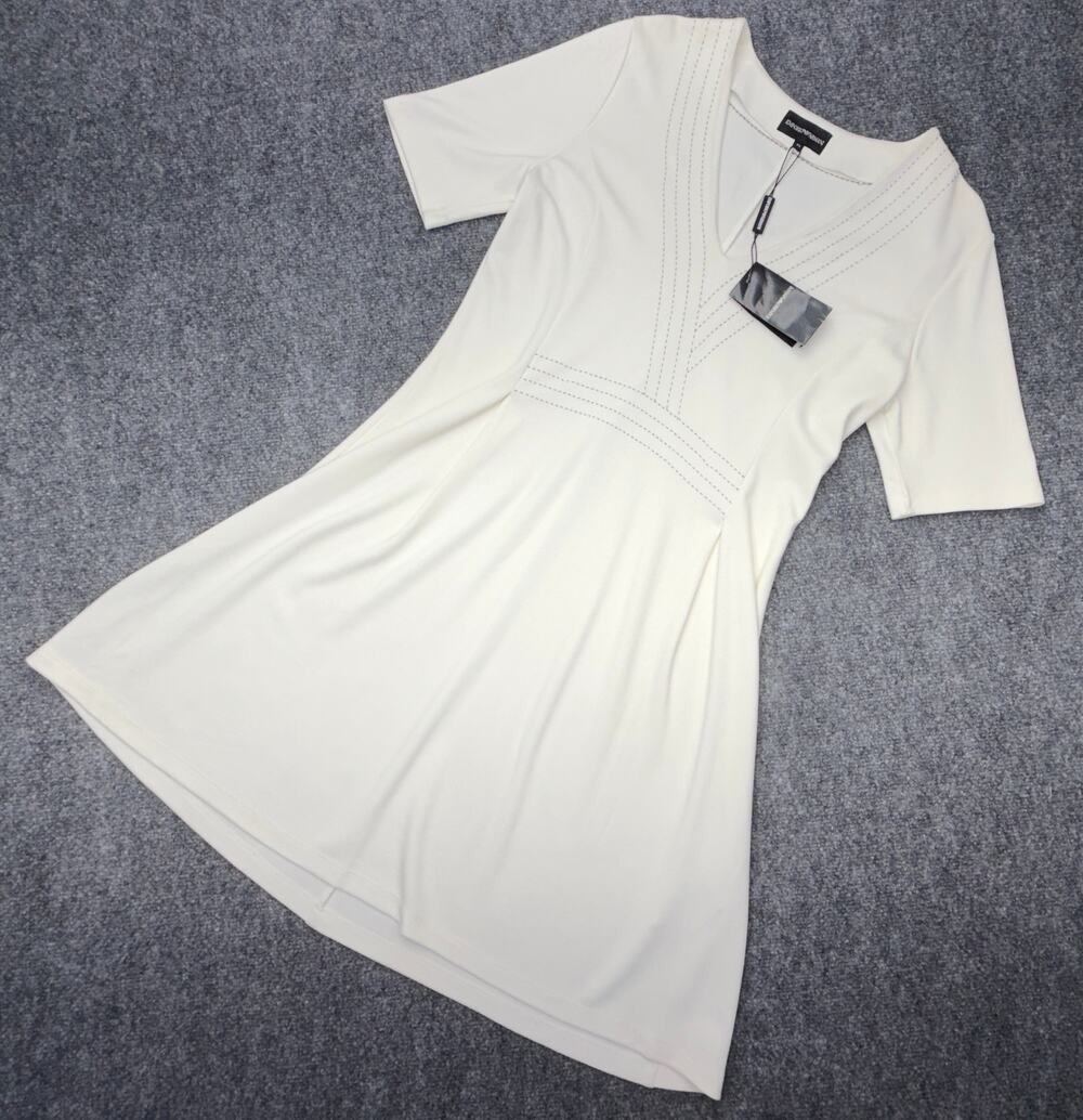 Emporio Armani Dress Womens 44 Ivory Stretch Knit V Neck Fit Flare NWT MSRP $495